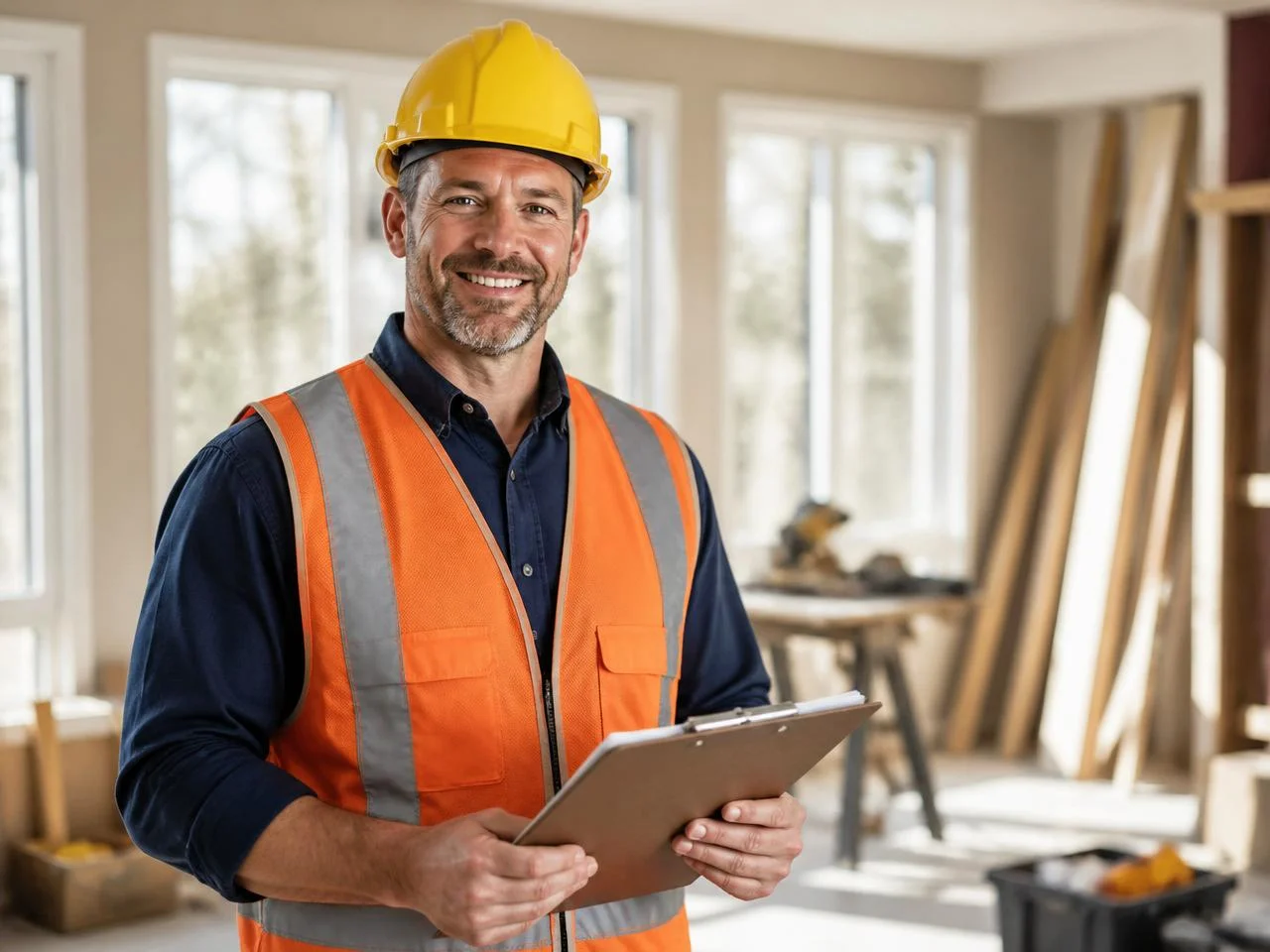 Contractor in a hard hat reviewing blueprints at a renovation site